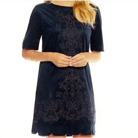 Miss Me Embroidered Scalloped Microfiber Shift Dress Navy Blue Women’s Size M - Picture 1 of 8